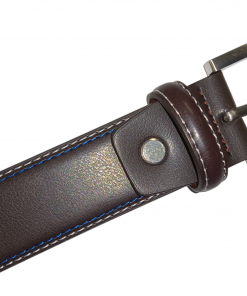 05 Cinturón marrón pespunte azul-blanco evilla plateada.